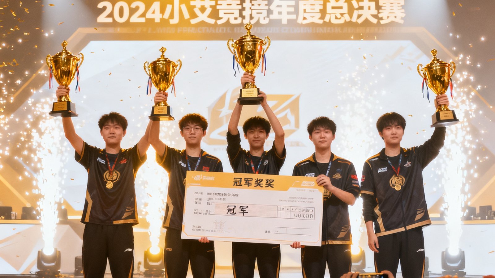 2024小艾电竞年度总决赛颁奖时刻，冠军战队五人高举金色奖杯和超大支票板，舞台灯光璀璨，台下观众举起手机记录这一荣耀瞬间