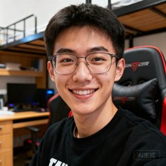 一位戴眼镜的年轻男生半身照，穿着黑色卫衣，背景是大学宿舍的书桌和电竞椅，他面带微笑看向镜头
